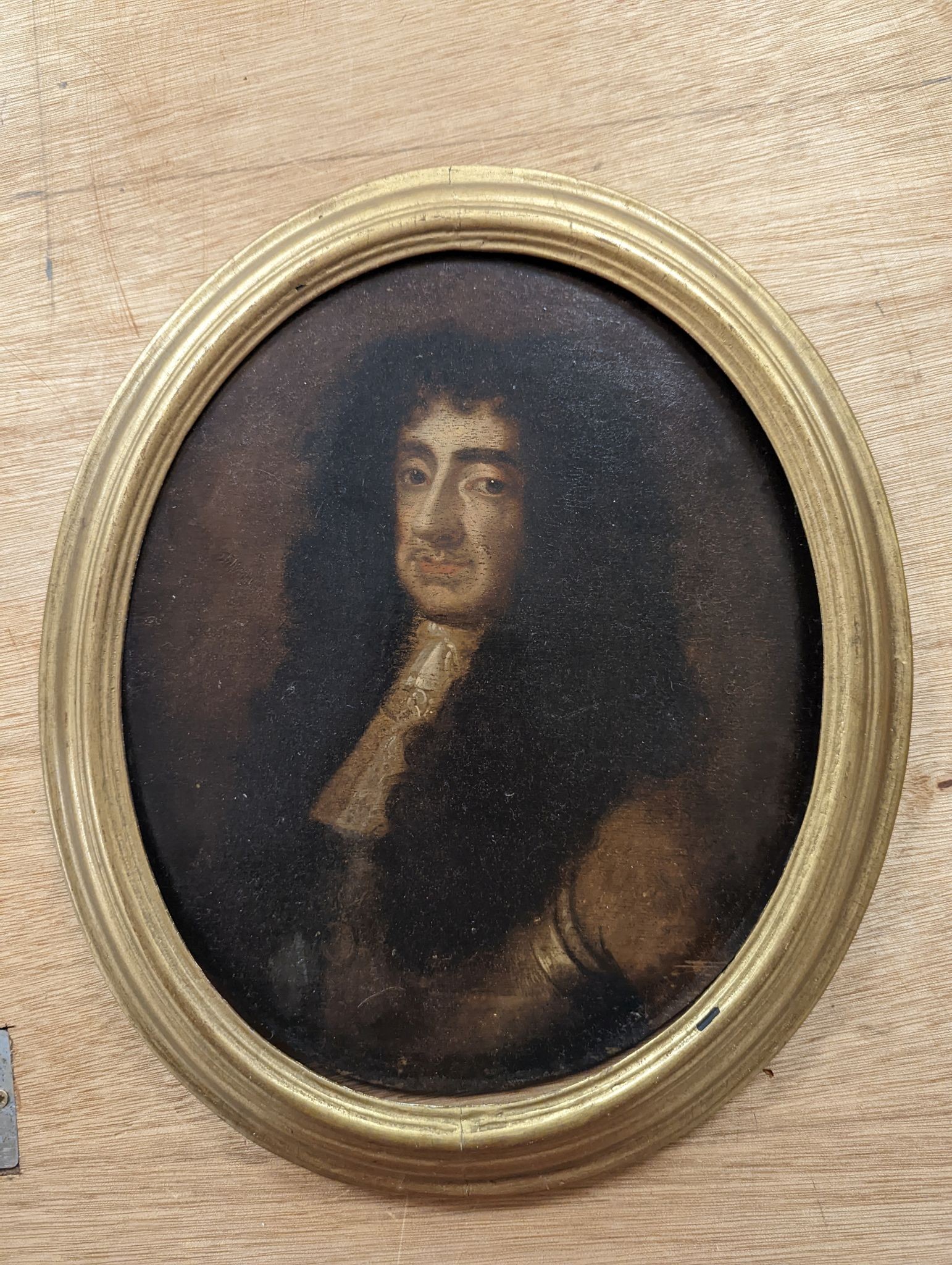 After Sir Peter Lely (1618-1680), oil on wooden panel, Portrait of Charles II, 30 x 24cm